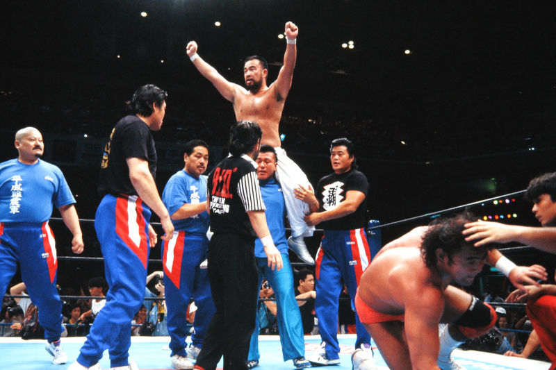 1995年8月11日両国国技館にて開催の『G1クライマックス』で武藤敬司を下す越中。